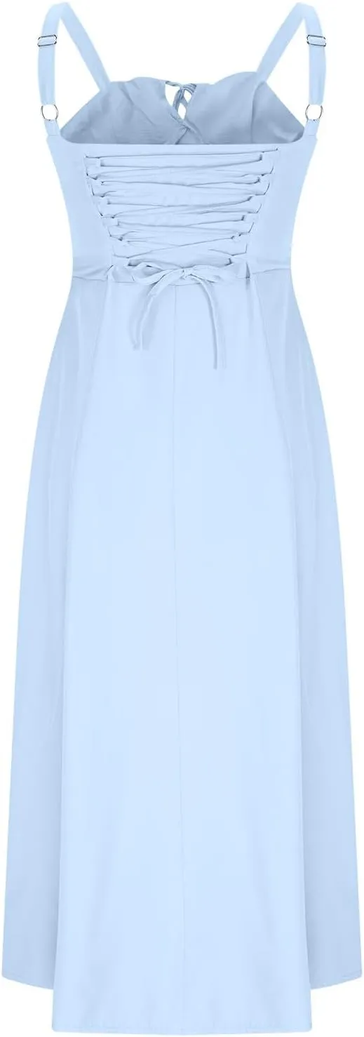 Women's 2025 Summer Cotton Linen Boho Midi Dresses Womens Suspender Lace-Up Dress Sexy Wrap A-Line Gown Flowy Hem