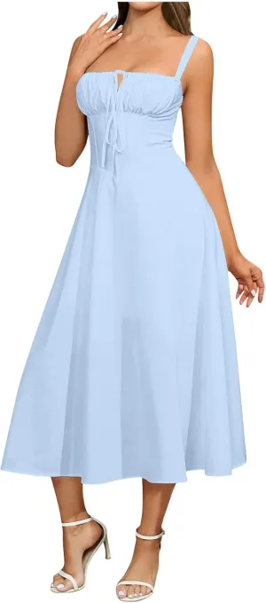 Women's 2025 Summer Cotton Linen Boho Midi Dresses Womens Suspender Lace-Up Dress Sexy Wrap A-Line Gown Flowy Hem