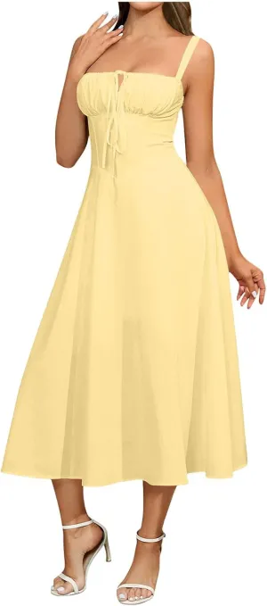 Women's 2025 Summer Cotton Linen Boho Midi Dresses Womens Suspender Lace-Up Dress Sexy Wrap A-Line Gown Flowy Hem