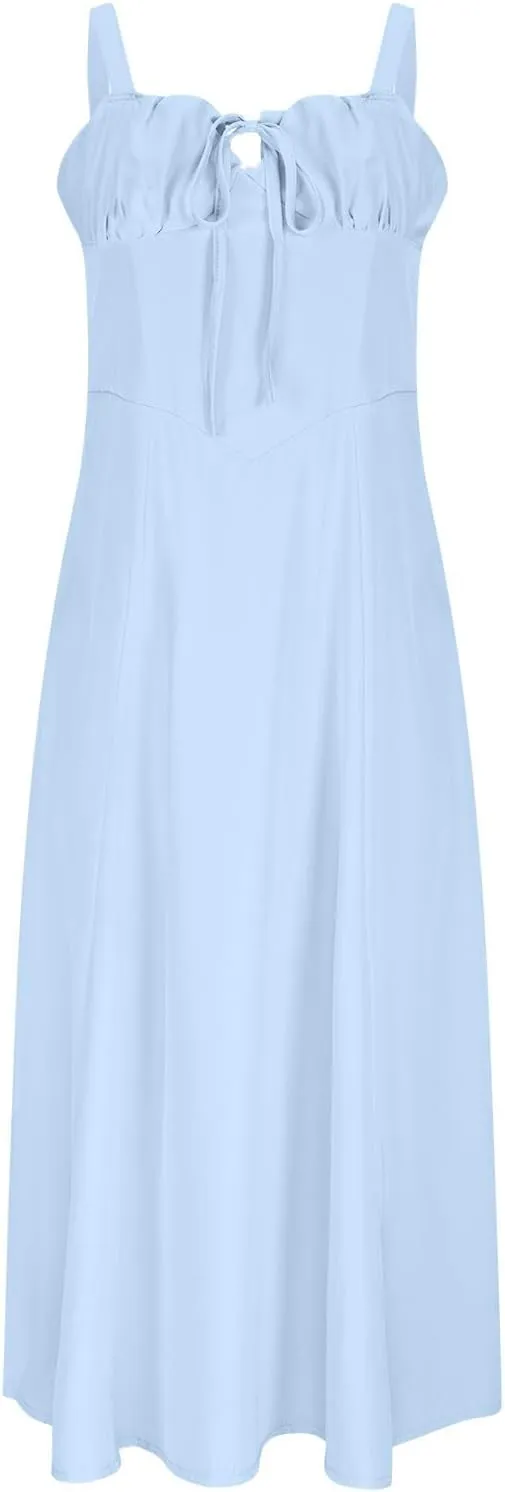 Women's 2025 Summer Cotton Linen Boho Midi Dresses Womens Suspender Lace-Up Dress Sexy Wrap A-Line Gown Flowy Hem