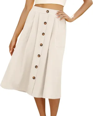 Womens A Line Midi Skirt Vintage Front Button Swing Skirt Summer Casual High Waisted Pleated Midi Skirt with Pockets