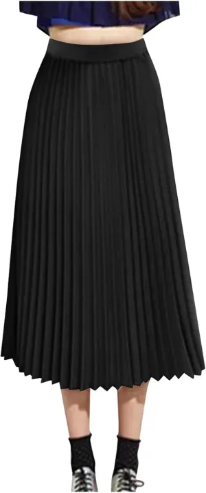Women's Beach Vacation Clothes Summer Casual Loose Trendy Elastic High Waist Solid Color Pleated Midi Skirts, S-XL
