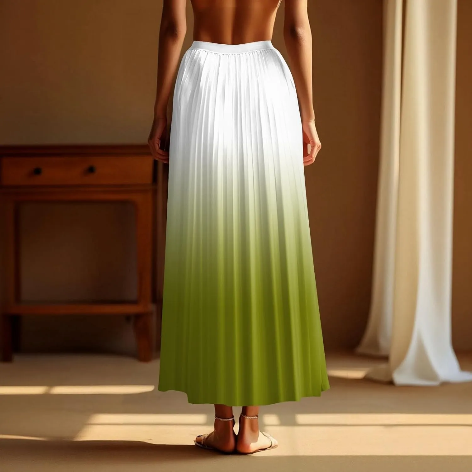 Women's Casual Pleated Gradient Summer High Waist A-line Swing Floor-Length Beach Skirt