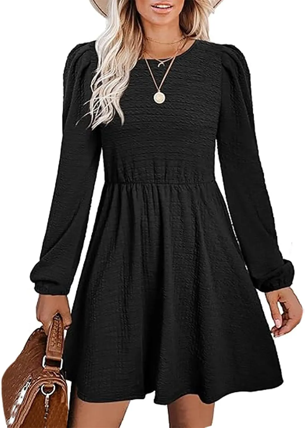 Women's Casual Pleated Tiered A Line Dress Long Sleeve Crewneck Swing Ruffle Mini Dress Solid Fall Trendy Dresses
