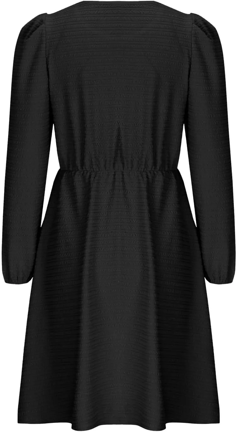 Women's Casual Pleated Tiered A Line Dress Long Sleeve Crewneck Swing Ruffle Mini Dress Solid Fall Trendy Dresses
