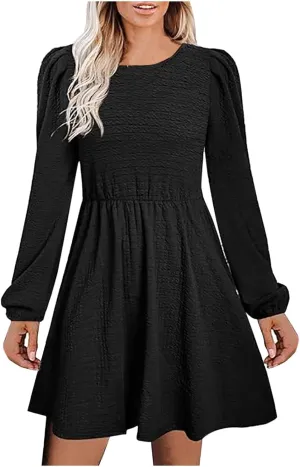 Women's Casual Pleated Tiered A Line Dress Long Sleeve Crewneck Swing Ruffle Mini Dress Solid Fall Trendy Dresses