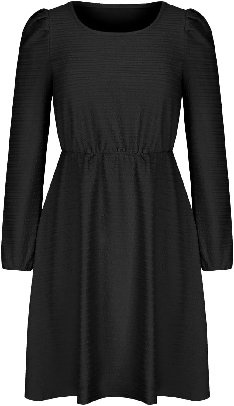 Women's Casual Pleated Tiered A Line Dress Long Sleeve Crewneck Swing Ruffle Mini Dress Solid Fall Trendy Dresses