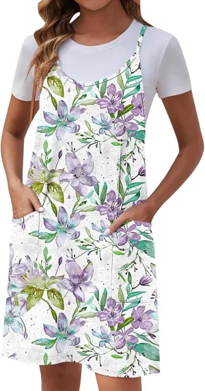 Womens Casual Sundress Trendy Flower Pattern Print Summer Dresses Sleeveless Loose Vacation Beach Dress