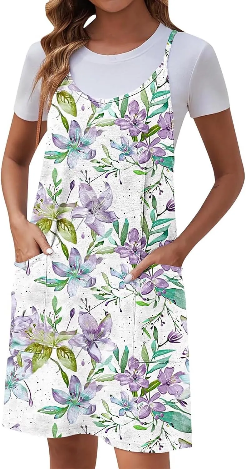 Womens Casual Sundress Trendy Flower Pattern Print Summer Dresses Sleeveless Loose Vacation Beach Dress
