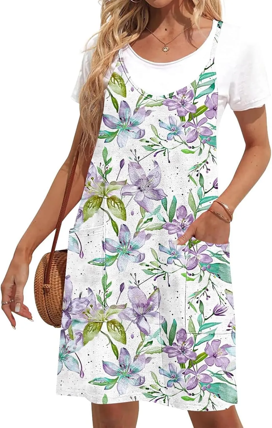 Womens Casual Sundress Trendy Flower Pattern Print Summer Dresses Sleeveless Loose Vacation Beach Dress