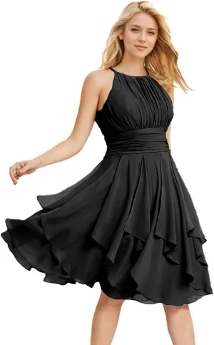 Women's Chiffon Halter Short Bridesmaid Dresses for Wedding A Line Ruffle Pleated Homecoming Dresses for Teens
