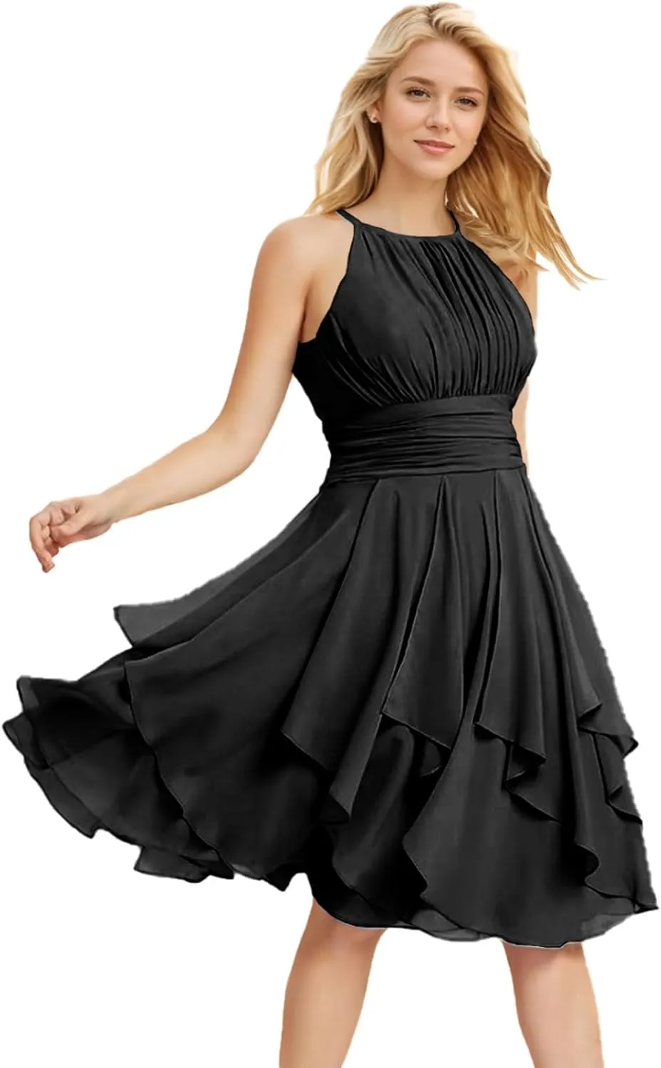 Women's Chiffon Halter Short Bridesmaid Dresses for Wedding A Line Ruffle Pleated Homecoming Dresses for Teens