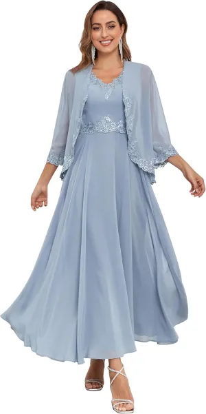 Women's Chiffon Mother of The Bride Dresses with Jackets for Wddding Ankle Length Lace 2 Piece Formal Dress