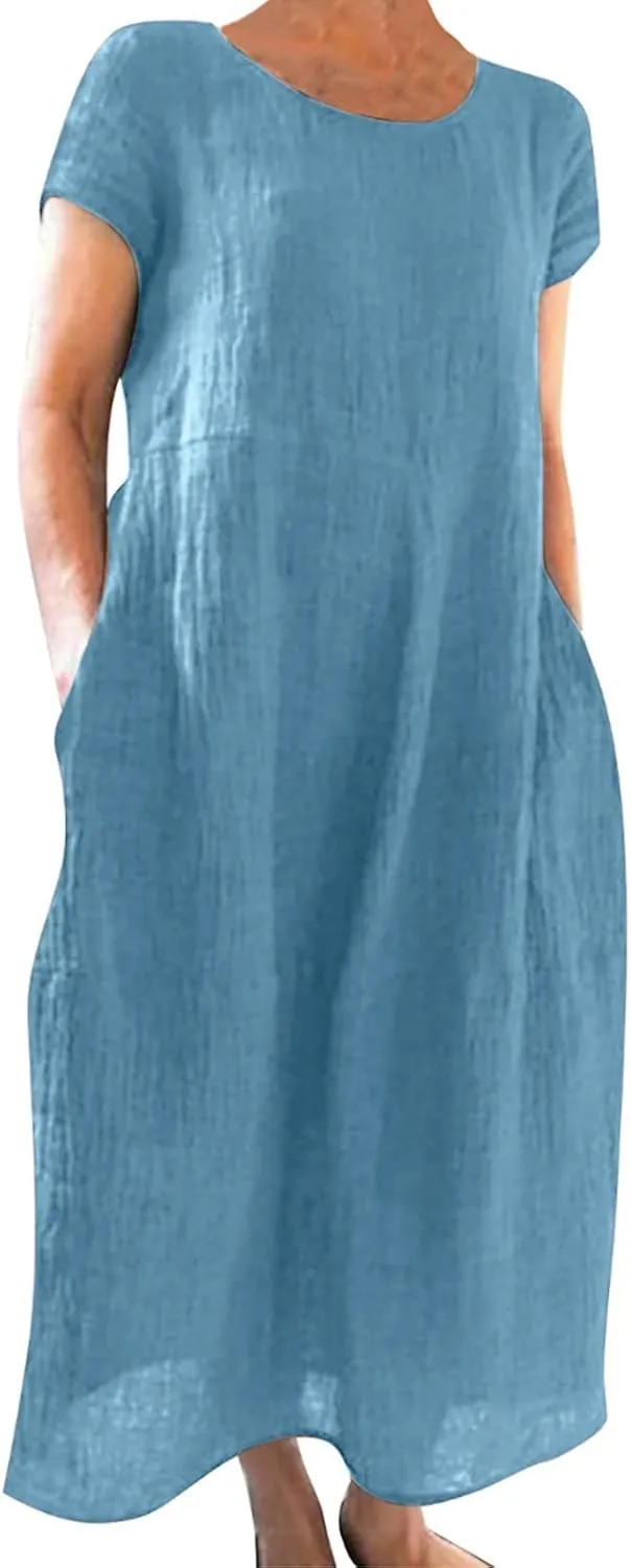 Womens Cotton Linen Dresses Summer Short Sleeve Comfy Travel Sundresses Maxi Beach Dress Vacation Clothes 2025 Plus Size