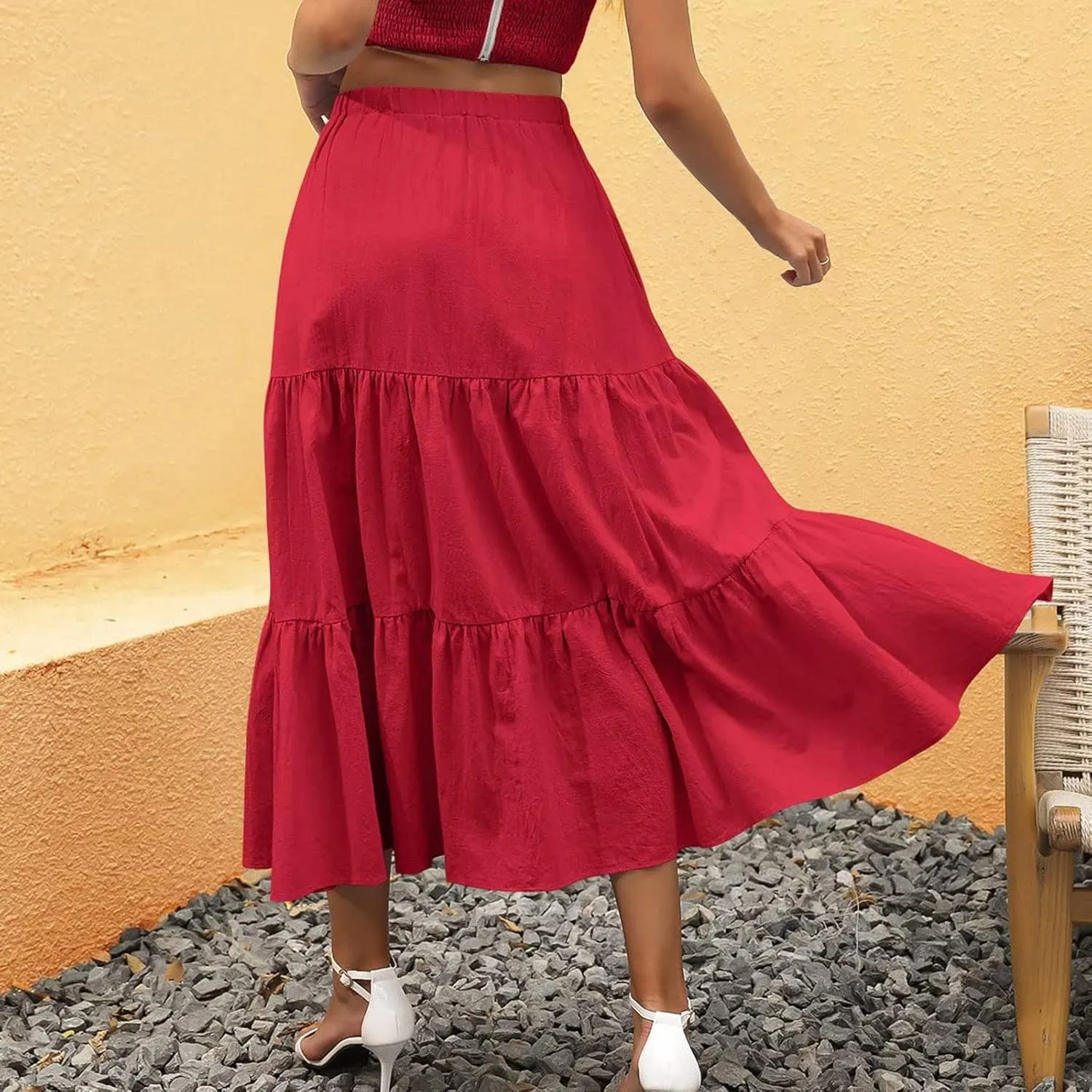 Women's Elastic Waist A-Line Flared Maxi Skirts Women Fashion Skirt Ladys High Waist Skirt Spring Long Floral