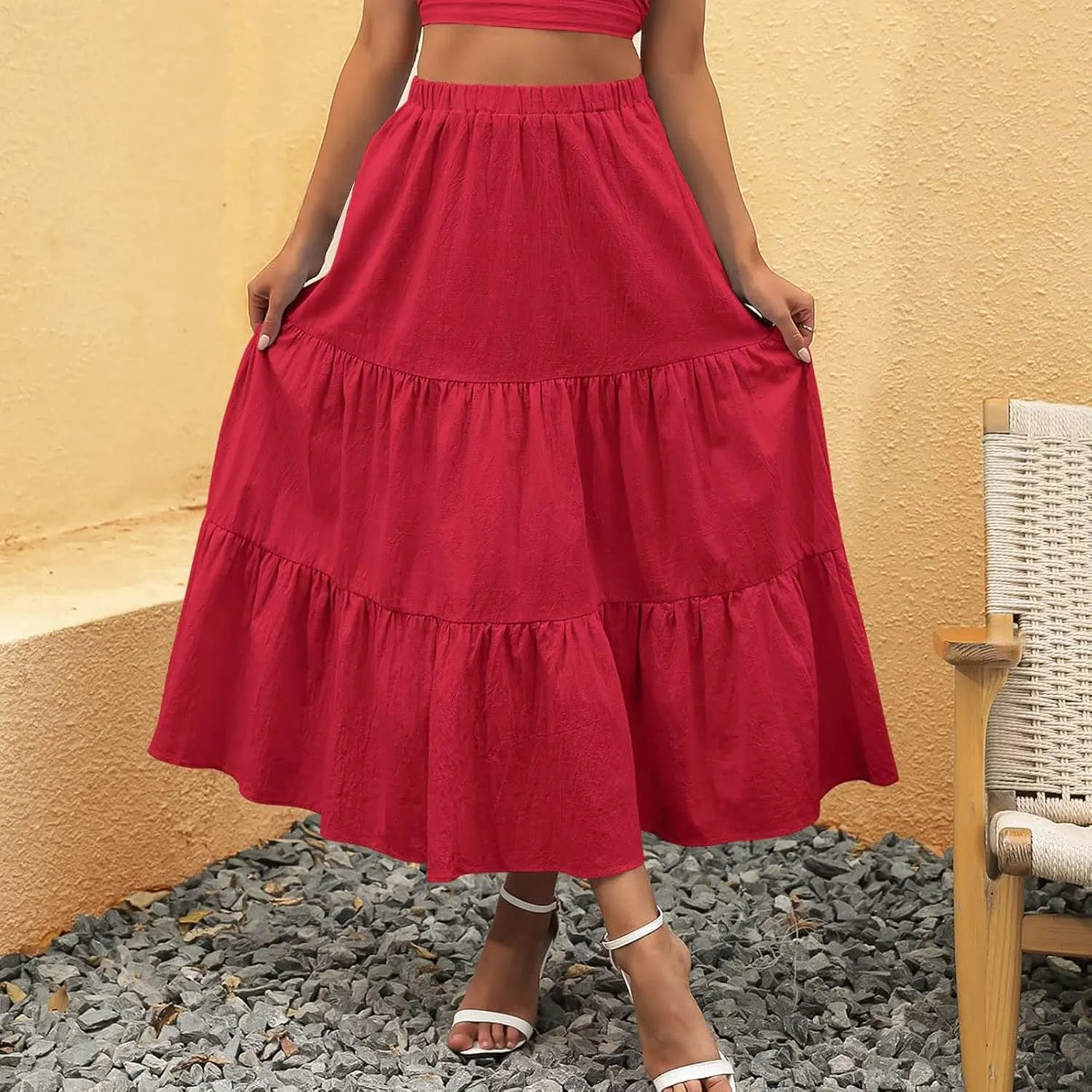 Women's Elastic Waist A-Line Flared Maxi Skirts Women Fashion Skirt Ladys High Waist Skirt Spring Long Floral