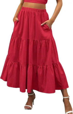 Women's Elastic Waist A-Line Flared Maxi Skirts Women Fashion Skirt Ladys High Waist Skirt Spring Long Floral