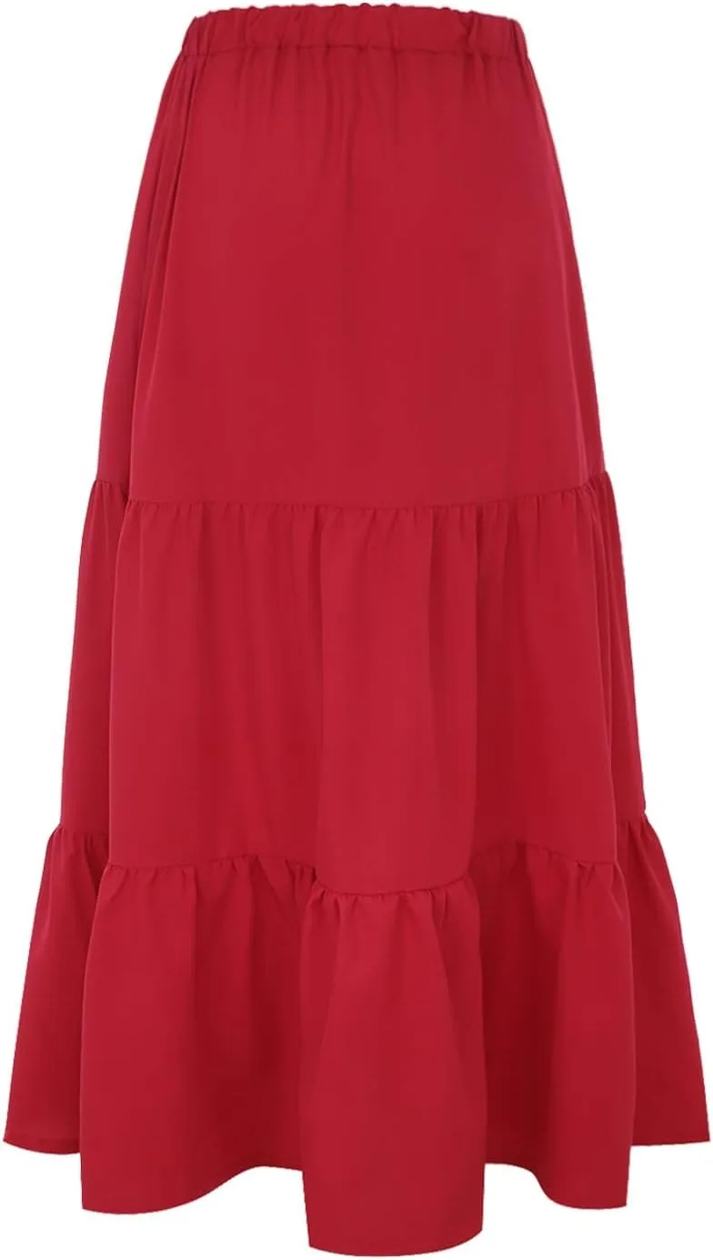 Women's Elastic Waist A-Line Flared Maxi Skirts Women Fashion Skirt Ladys High Waist Skirt Spring Long Floral