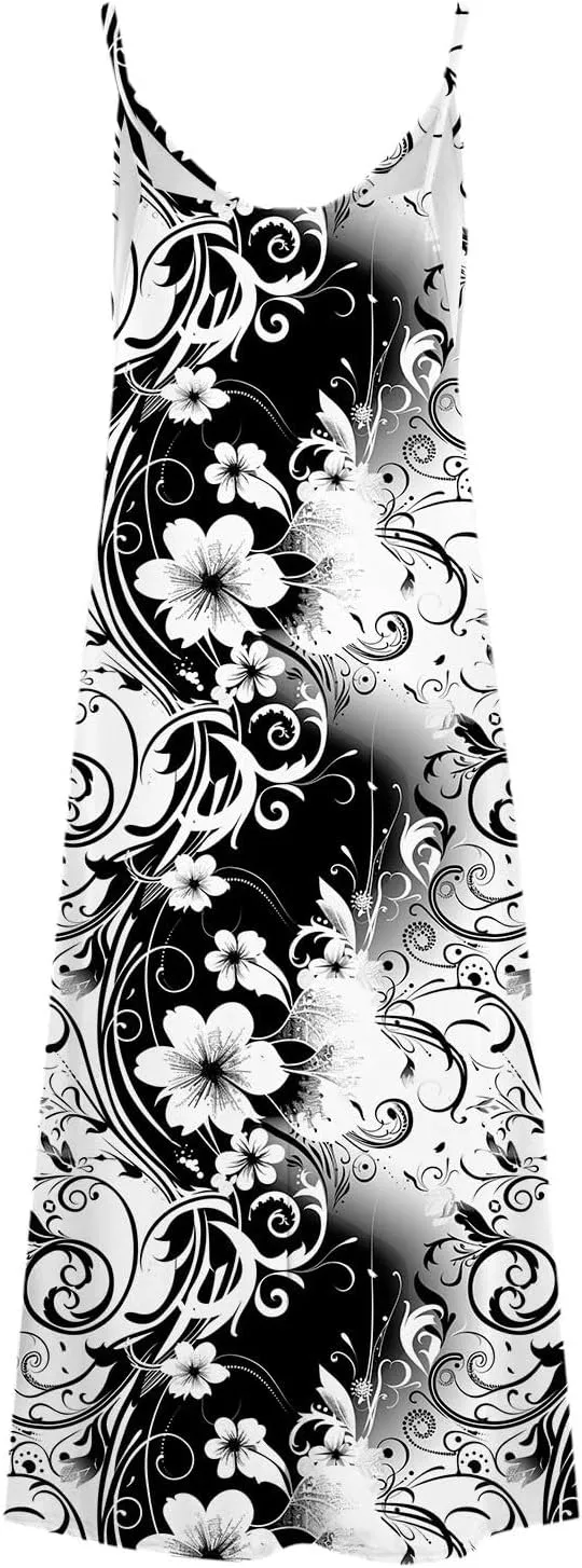 Womens Floral Maxi Dresses Spaghetti Strap Casual Summer Long Dress Vneck Flowy Boho Beach Sundress Vacation Outfits