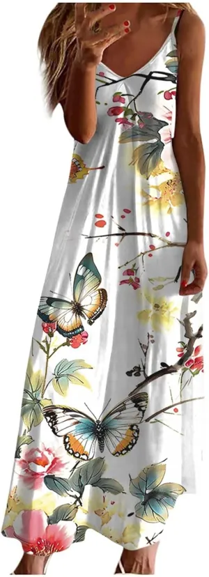 Womens Floral Maxi Dresses Spaghetti Strap Casual Summer Long Dress Vneck Flowy Boho Beach Sundress Vacation Outfits