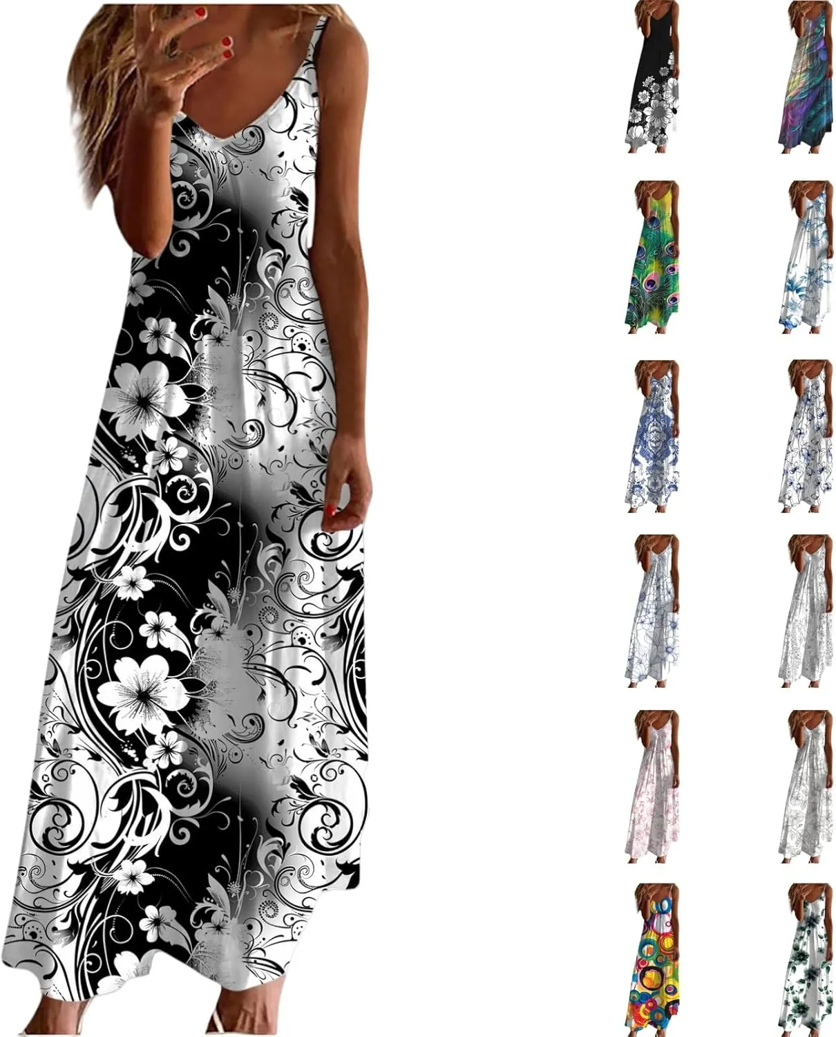 Womens Floral Maxi Dresses Spaghetti Strap Casual Summer Long Dress Vneck Flowy Boho Beach Sundress Vacation Outfits