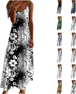 Womens Floral Maxi Dresses Spaghetti Strap Casual Summer Long Dress Vneck Flowy Boho Beach Sundress Vacation Outfits
