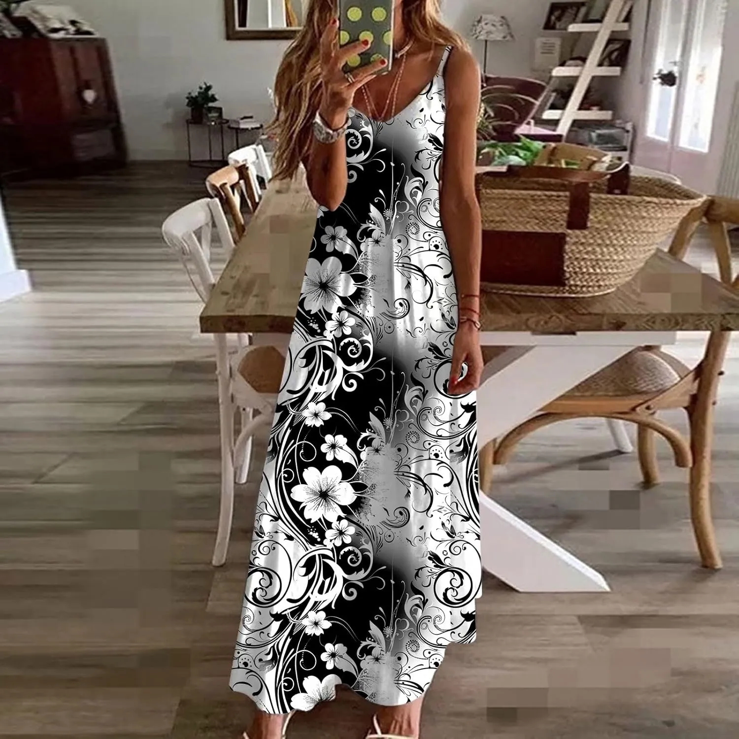 Womens Floral Maxi Dresses Spaghetti Strap Casual Summer Long Dress Vneck Flowy Boho Beach Sundress Vacation Outfits