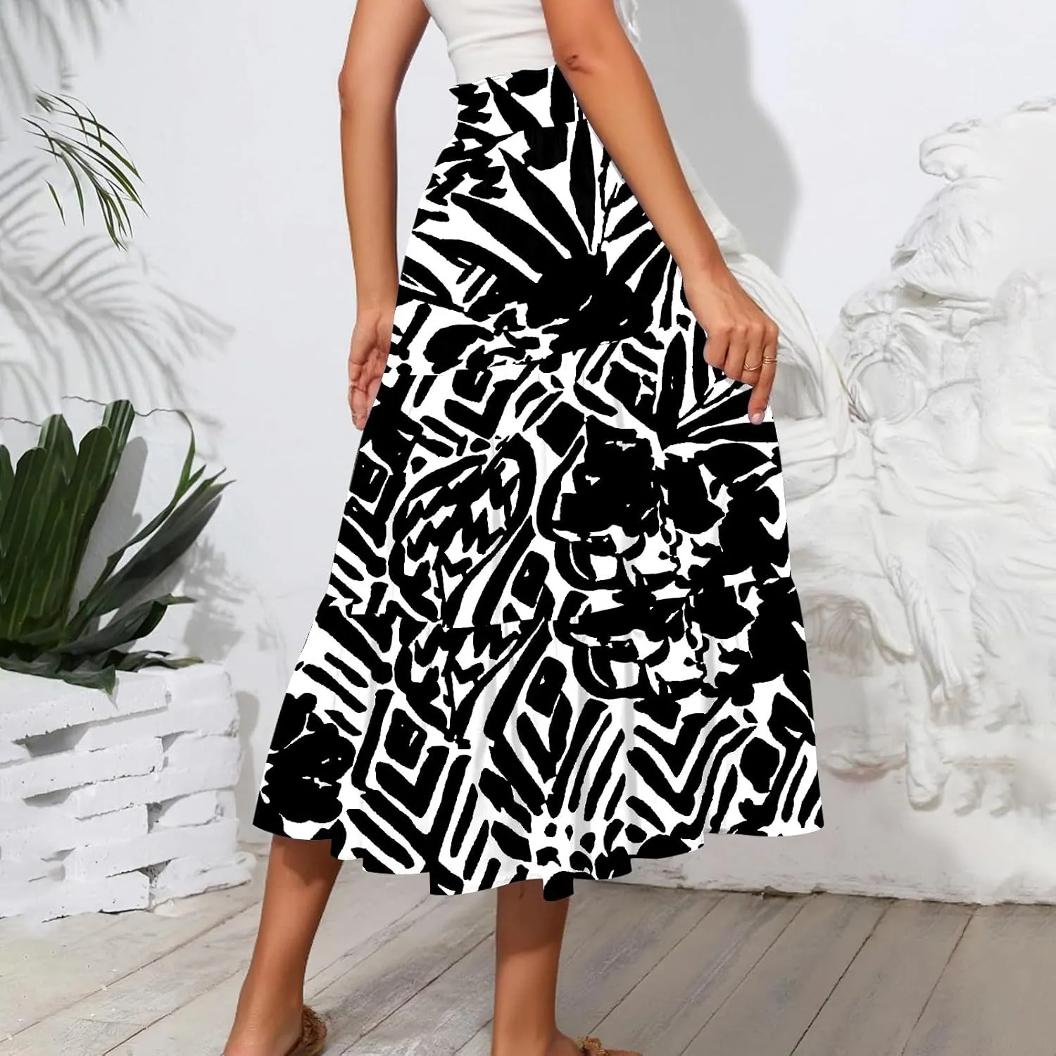 Women's Flowy Midi Skirt Pleated High Stretch Waisted Casual Boho Long Skirts with Pockets, S-2XL