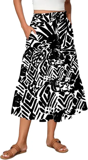 Women's Flowy Midi Skirt Pleated High Stretch Waisted Casual Boho Long Skirts with Pockets, S-2XL