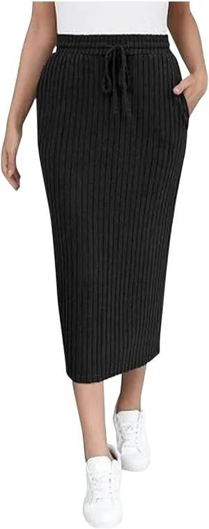 Women's Knitting Bodycon Midi Skirt Solid Color Sexy Fashion Business Split Skirts Casual Knee Length Pencil Skirt