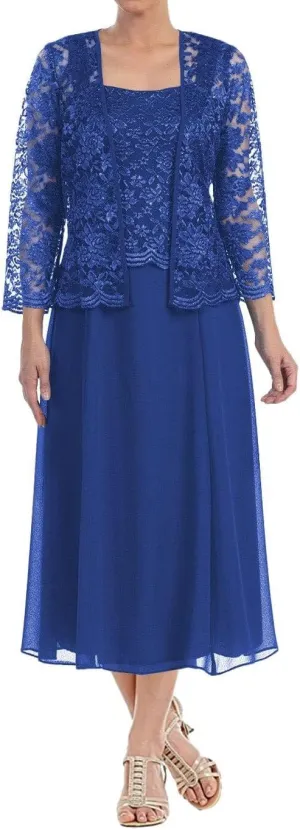 Women's Lace Mother of The Bride Dresses with Jacket Long Sleeve Chiffon Tea Length Formal Dresses Evening Gowns MK13