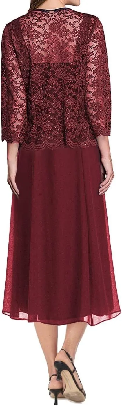 Women's Lace Mother of The Bride Dresses with Jacket Long Sleeve Chiffon Tea Length Formal Dresses Evening Gowns MK13