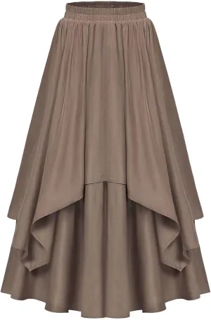 Womens Medieval Vintage Skirts Layered Pleated A-Line Midi Skirt Elastic Waist Trendy Solid Color Flowy Skirts
