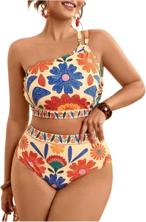 Women's Plus Size Floral Bathing Suit One Shoulder High Waisted Bikini Set Boho Summer Swimsuits