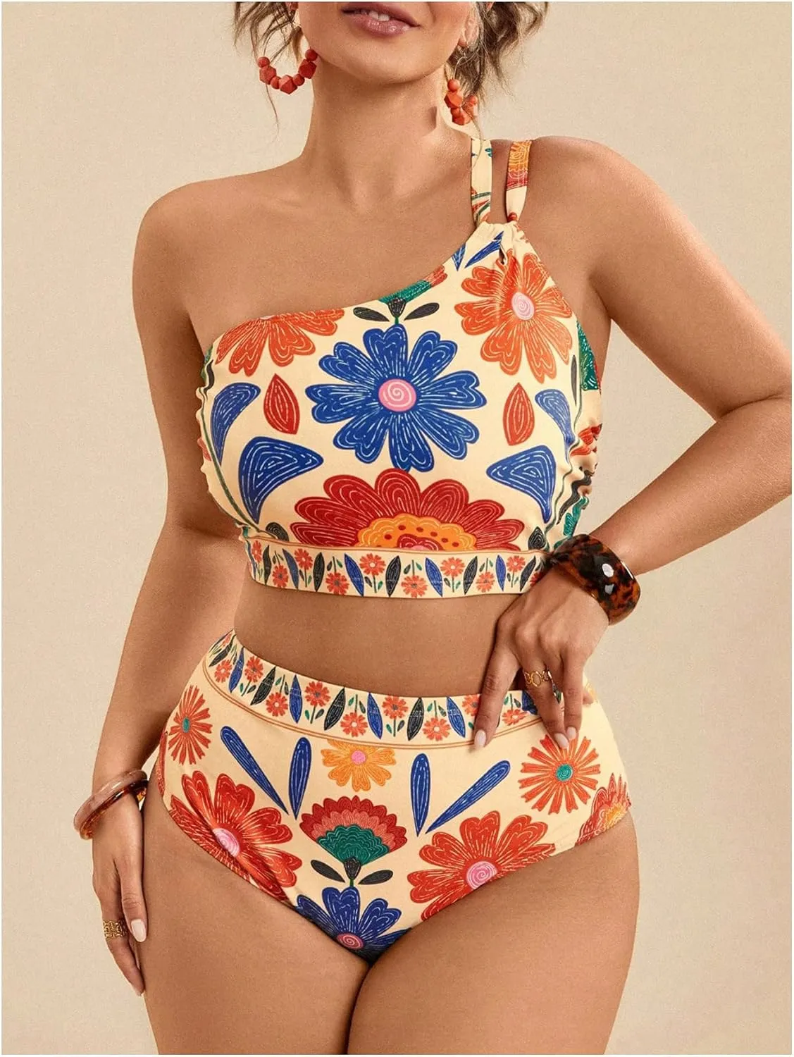 Women's Plus Size Floral Bathing Suit One Shoulder High Waisted Bikini Set Boho Summer Swimsuits