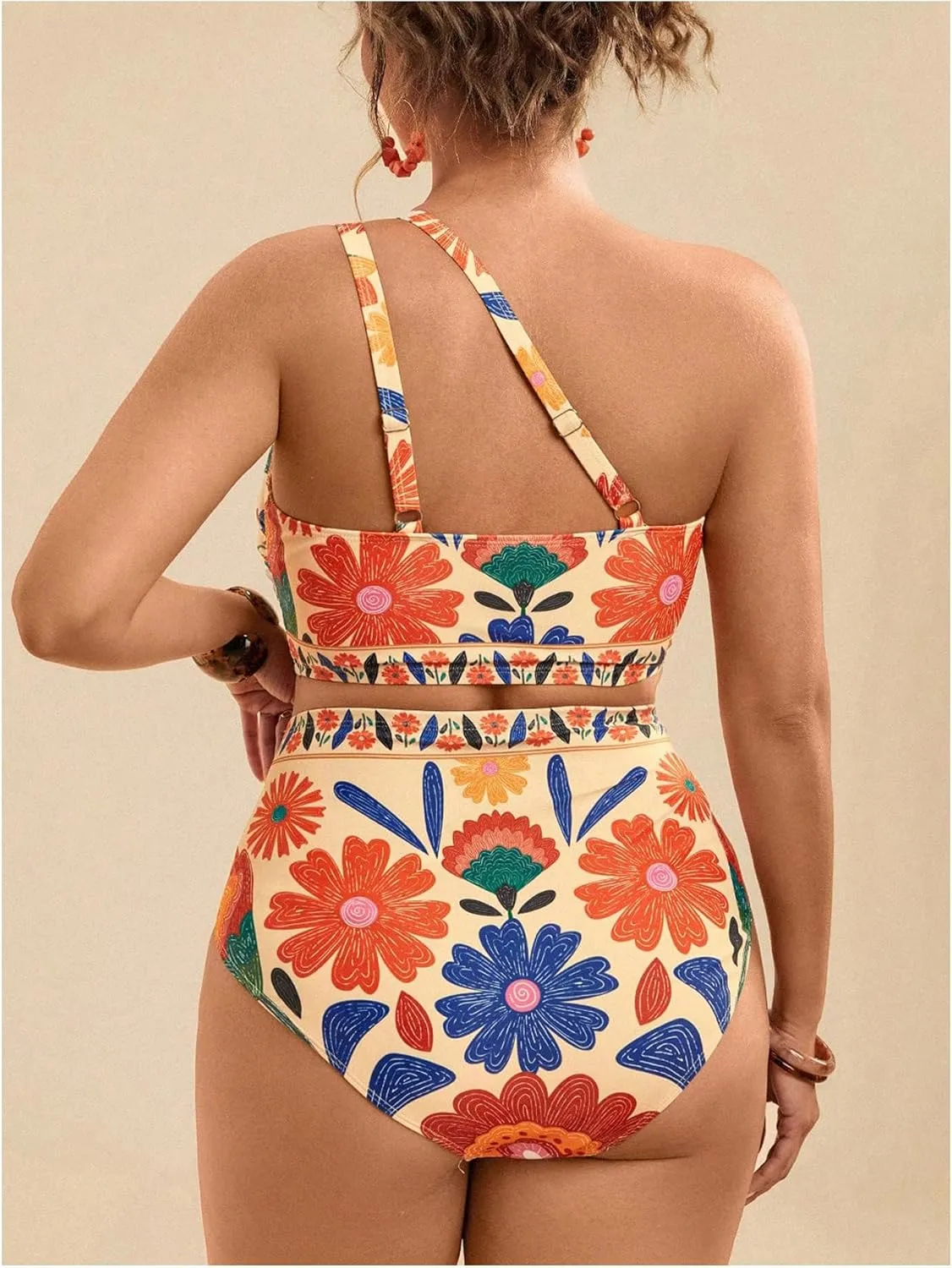 Women's Plus Size Floral Bathing Suit One Shoulder High Waisted Bikini Set Boho Summer Swimsuits