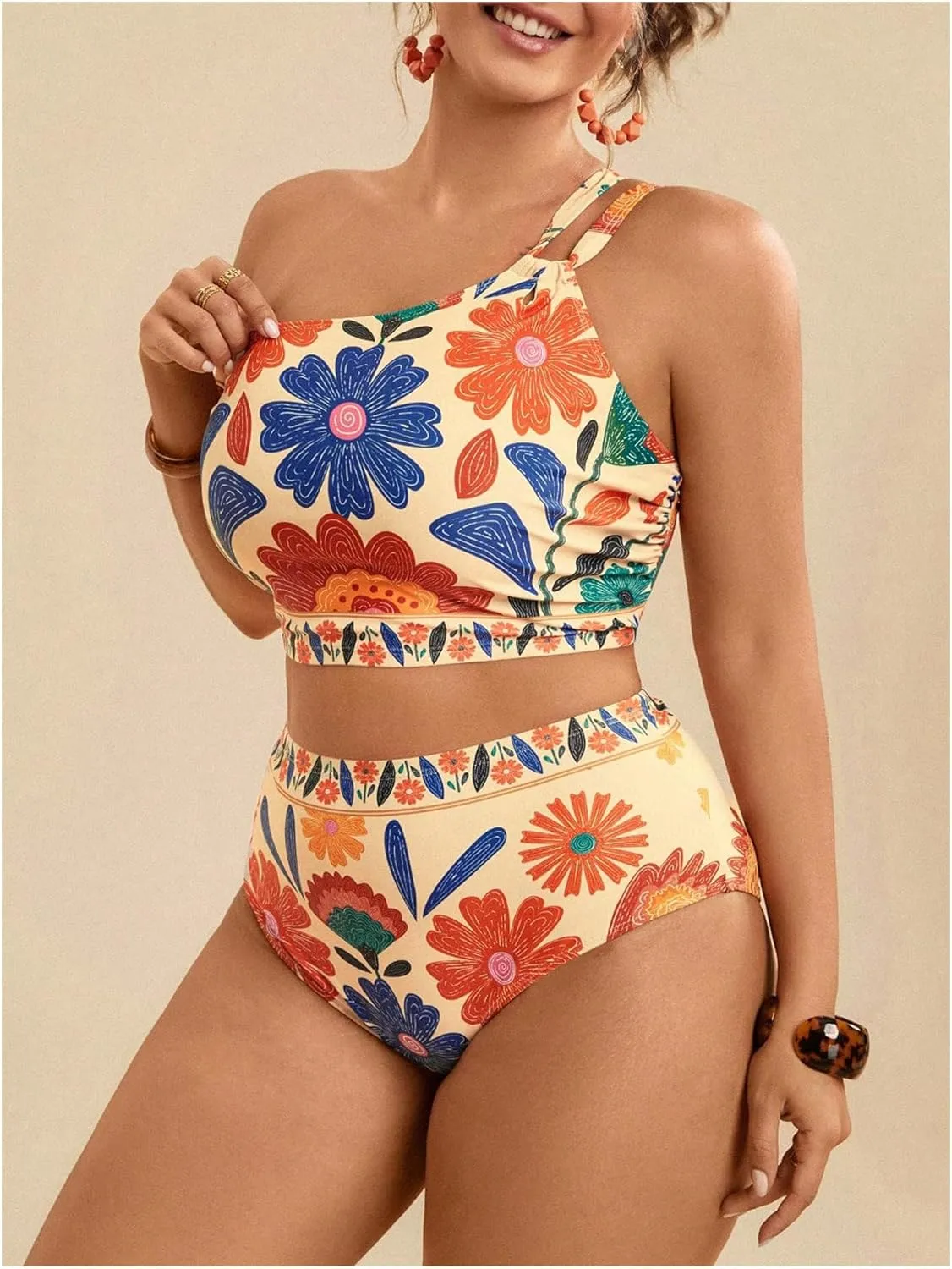 Women's Plus Size Floral Bathing Suit One Shoulder High Waisted Bikini Set Boho Summer Swimsuits