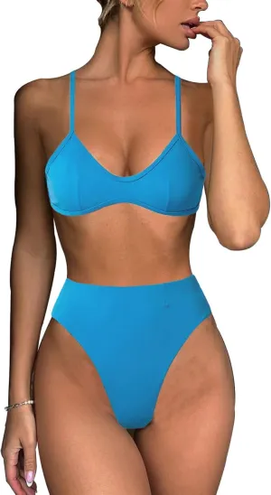 Women's Retro Bikini Sets Scoop Neck Spaghetti Straps Swimsuit High Waisted Bikini Cut Brazilian Bathing Suit
