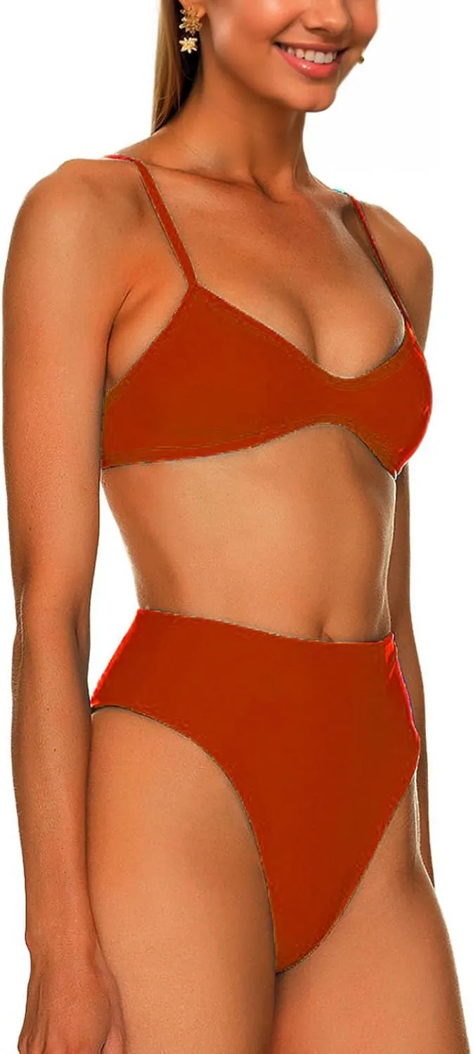 Women's Retro Bikini Sets Scoop Neck Spaghetti Straps Swimsuit High Waisted Bikini Cut Brazilian Bathing Suit