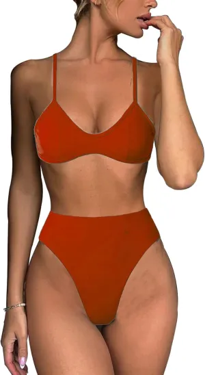 Women's Retro Bikini Sets Scoop Neck Spaghetti Straps Swimsuit High Waisted Bikini Cut Brazilian Bathing Suit
