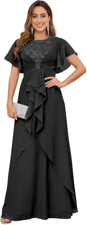 Women's Scoop Neck Chiffon Mother of The Bride Dresses with Sleeves Long Formal Evening Gown