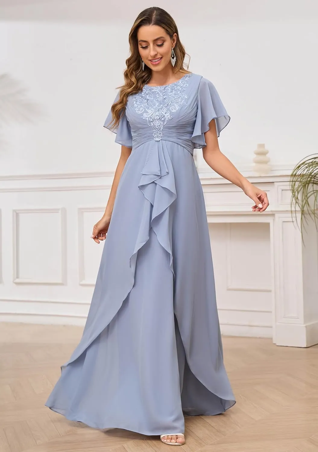 Women's Scoop Neck Chiffon Mother of The Bride Dresses with Sleeves Long Formal Evening Gown