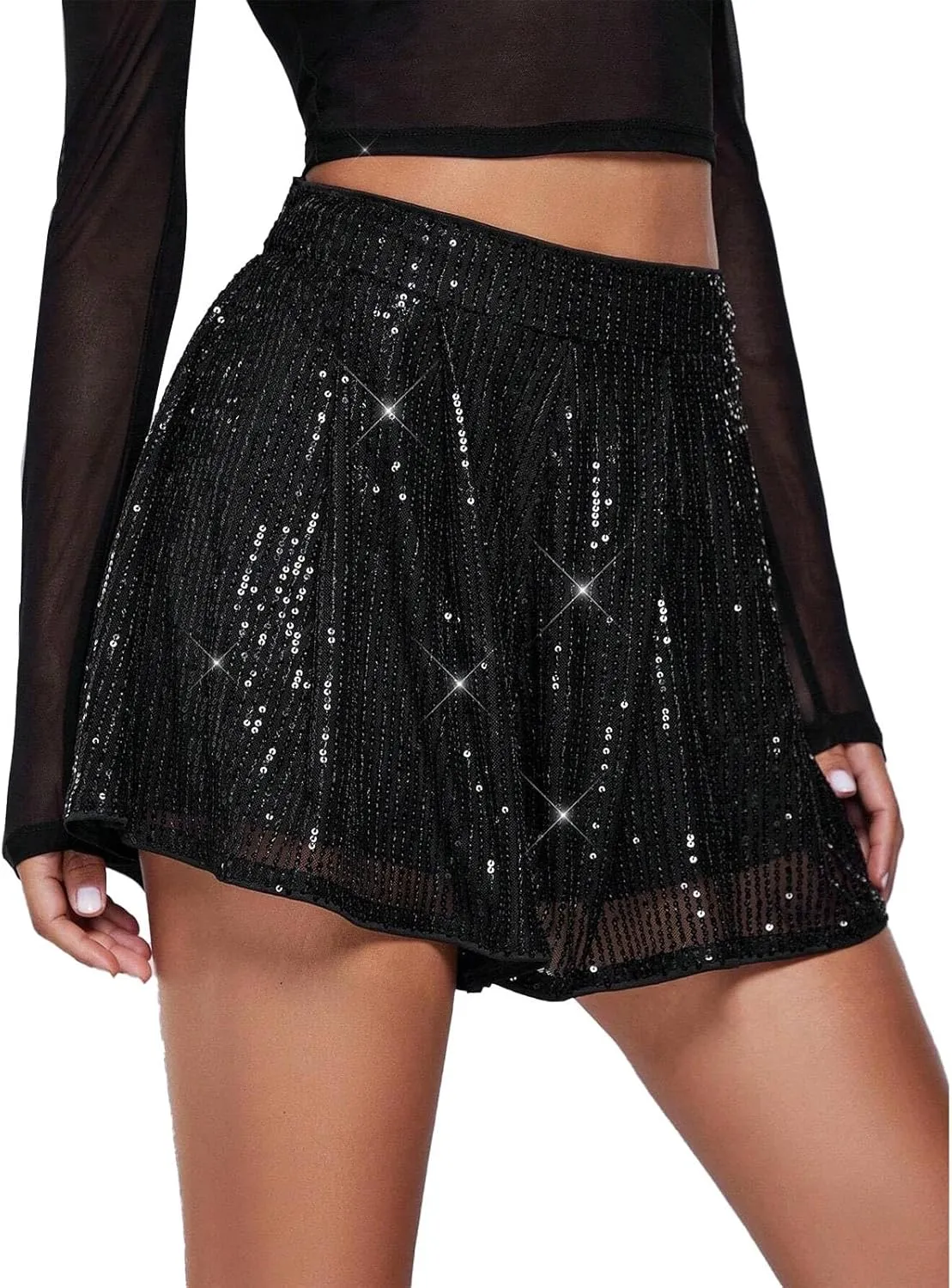 Women's Sequin Glitter High Waisted Skirt Shorts Sparkly A Line Skort Girls Denim Skirt