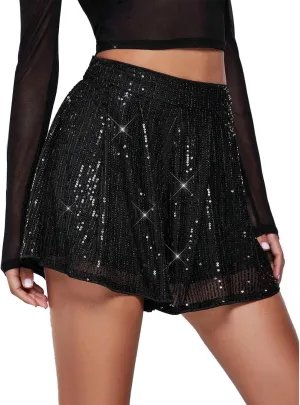 Women's Sequin Glitter High Waisted Skirt Shorts Sparkly A Line Skort Girls Denim Skirt