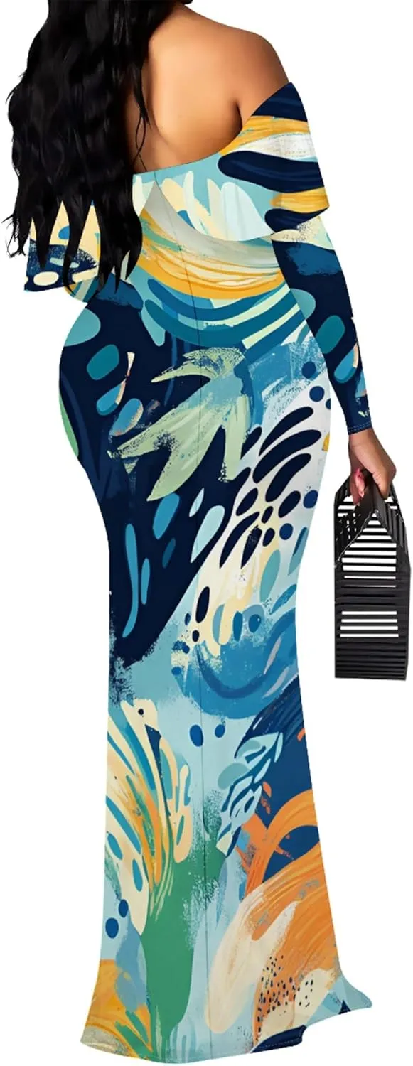 Women's Sexy Midi Off Shoulder Long Sleeve Bodycon Dresses Date Club Party Casual Maxi Dress