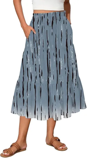 Women's Skirt 's 2025 Bohemian Ditzy Floral Printed Stretch Waist Midi Legth Skirt with Pockets, S-2XL