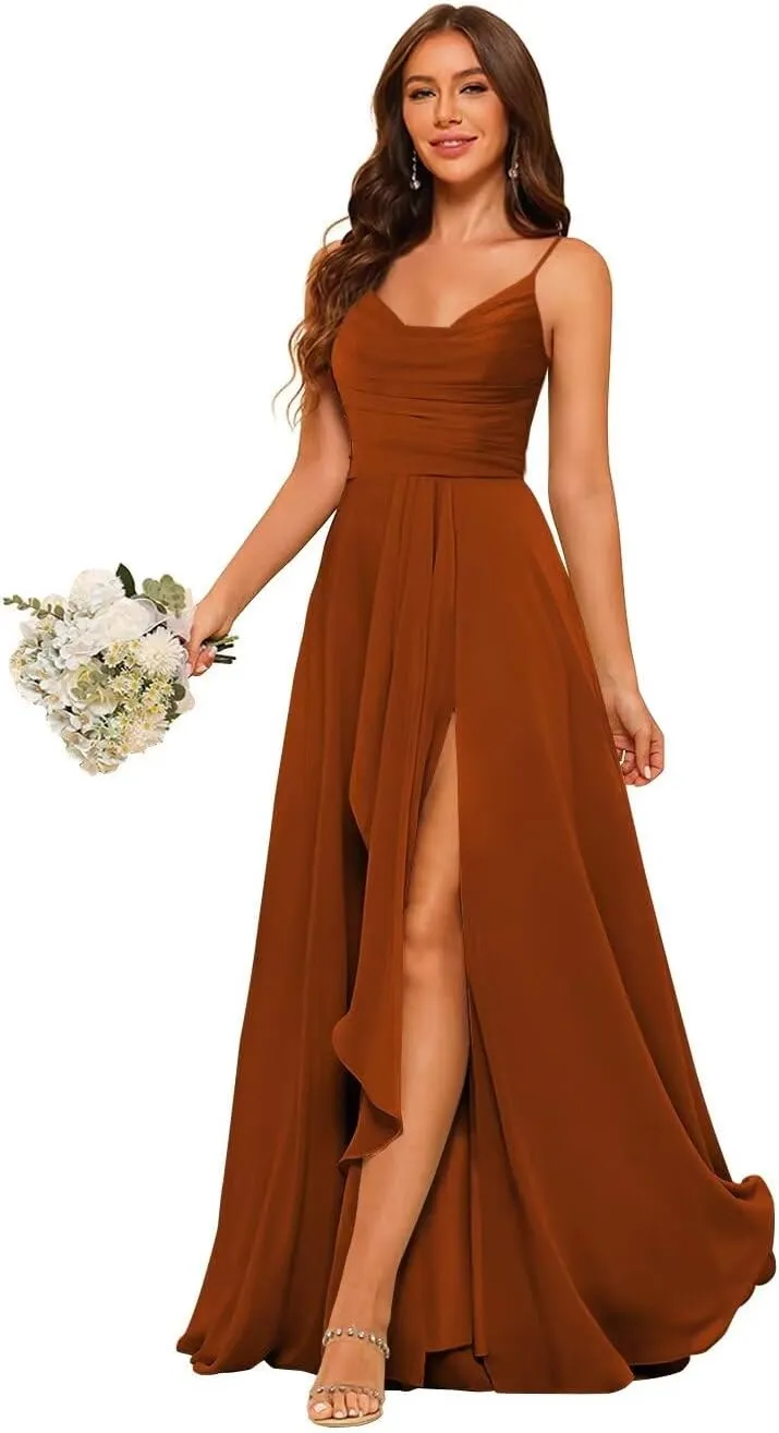 Women's Spaghetti Straps Ruffle Pleated Bridesmaid Dresses with Slit Long Chiffon Formal Party Dress 2024 DE193