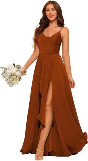 Women's Spaghetti Straps Ruffle Pleated Bridesmaid Dresses with Slit Long Chiffon Formal Party Dress 2024 DE193