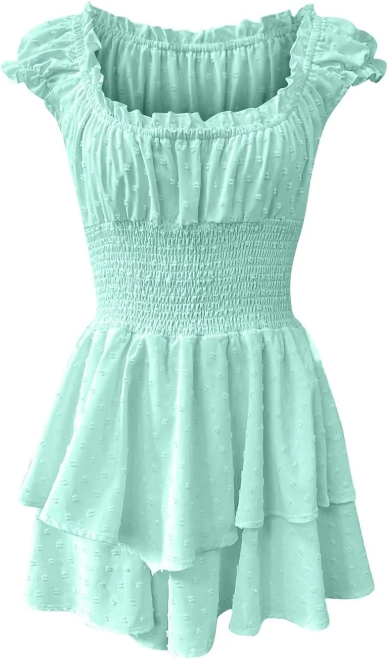 Women's Square Neck Off Shoulder Dress Ruffle Wrap Mini Dress Flounce Short Sleeve A Line Flowy Dress