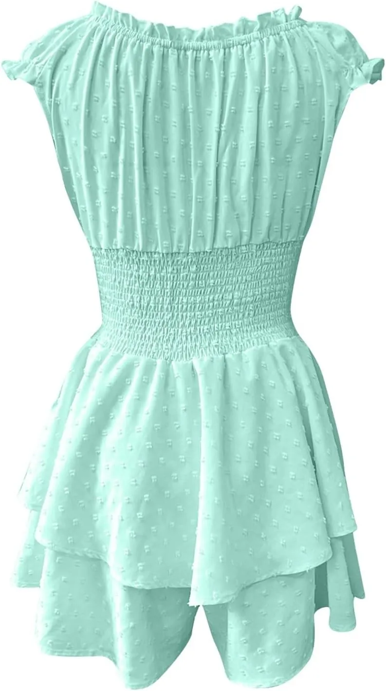 Women's Square Neck Off Shoulder Dress Ruffle Wrap Mini Dress Flounce Short Sleeve A Line Flowy Dress